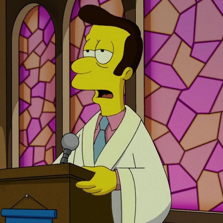 the simpsons is giving a speech in front of stained glass windows