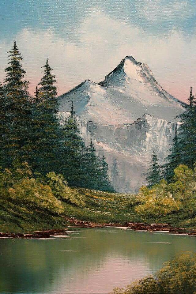 a painting of a mountain with trees and water