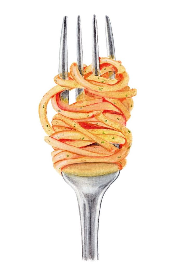 a fork with some food on it that is shaped like spaghetti and has two forks sticking out of it