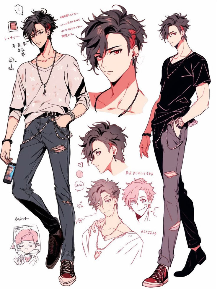 some anime guys with different hair styles and clothes, one is wearing a white t - shirt