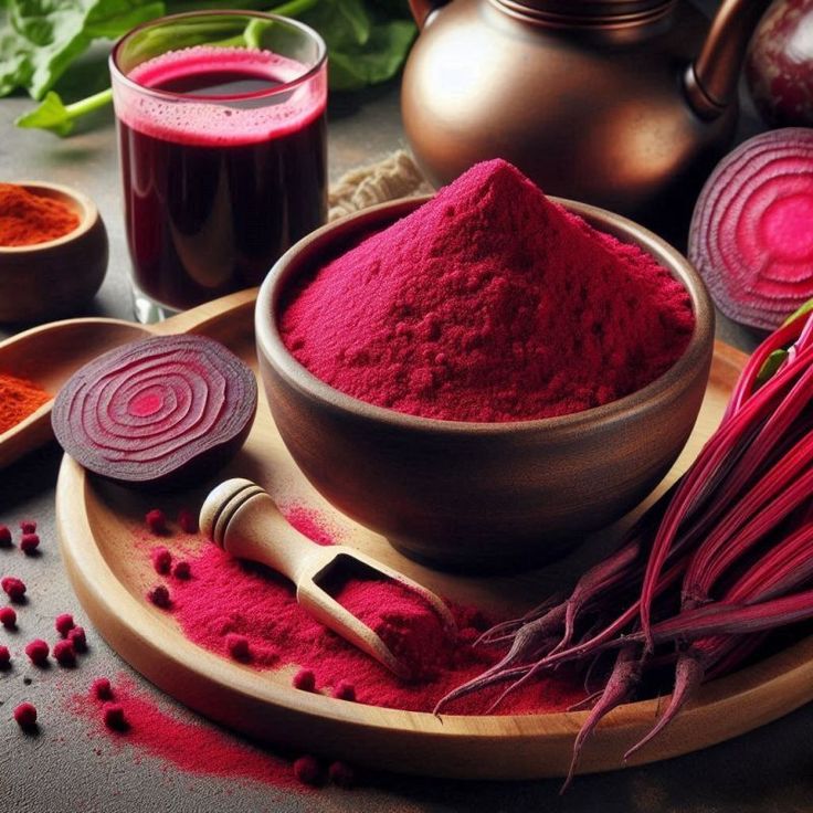 red powder in a bowl surrounded by other ingredients