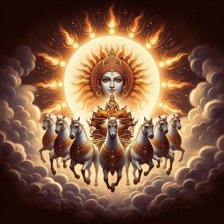 there are five horses in front of the sun with four faces on it's back