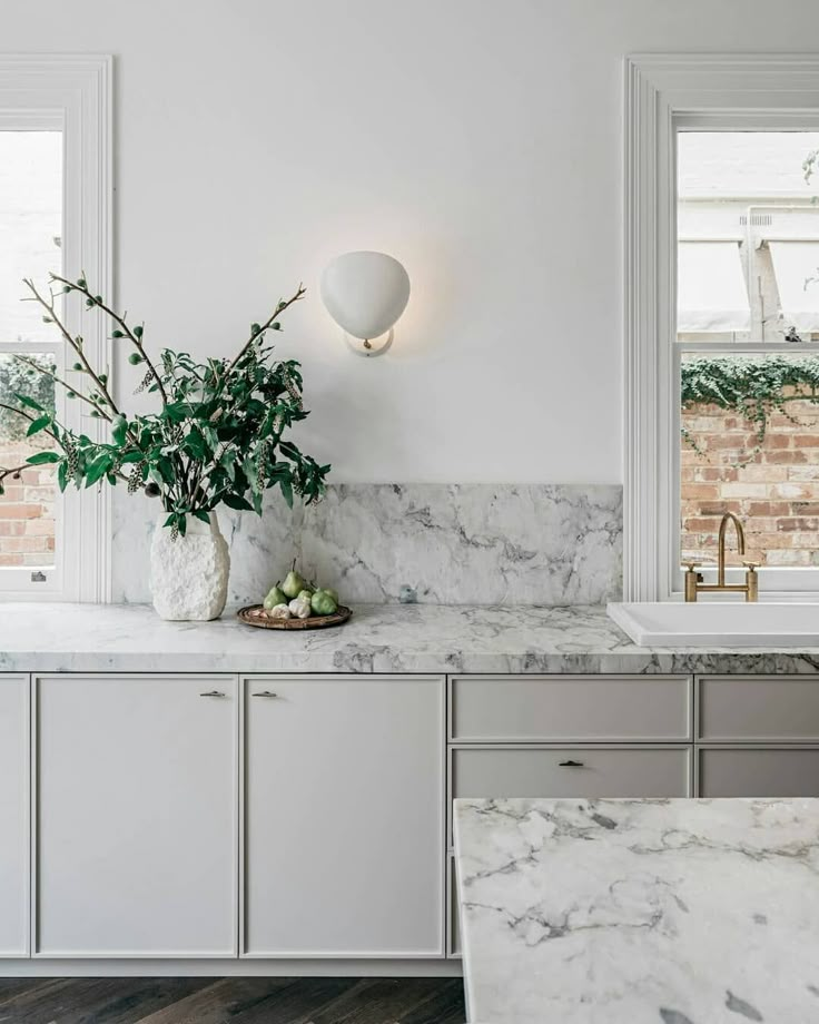 a kitchen with marble counter tops and white cabinets, along with a potted plant