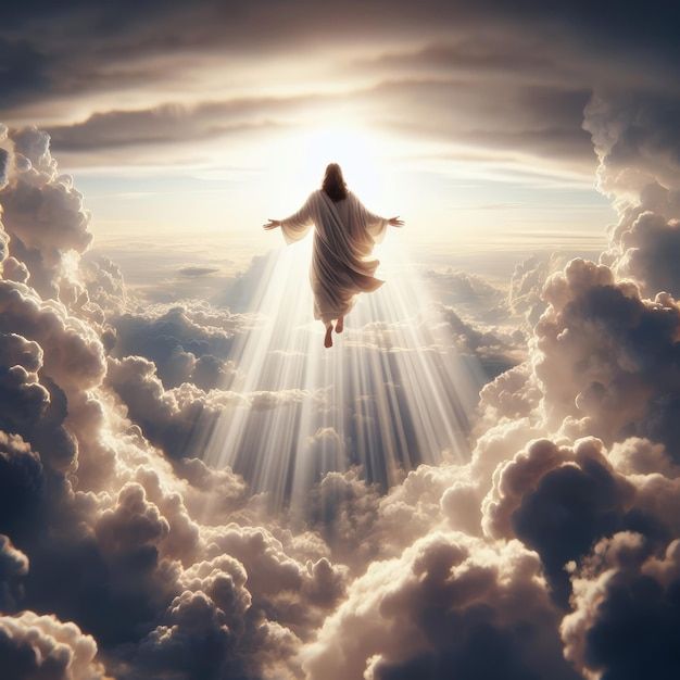 a person in the clouds with their arms spread out to the sky and sunlight coming through them