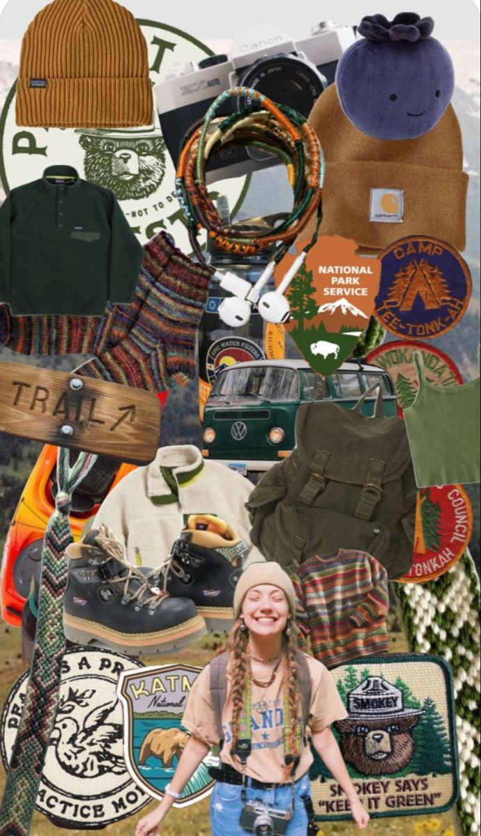 a collage of various items including hats, scarves and sweaters is shown