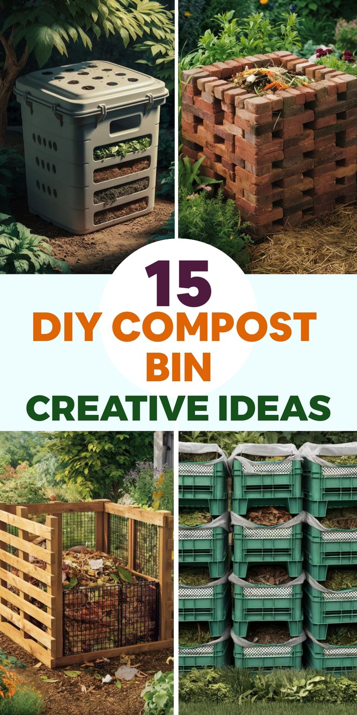 the cover of 15 diy compostt bin creative ideas