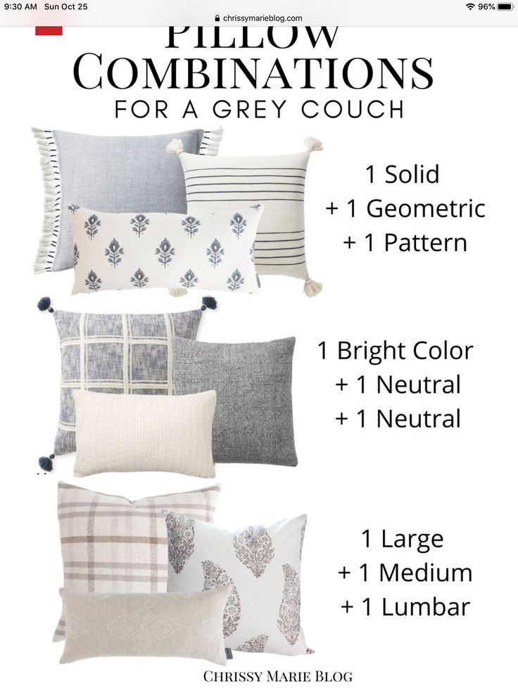 pillow combinations for a grey couch with text overlaying the image and below it