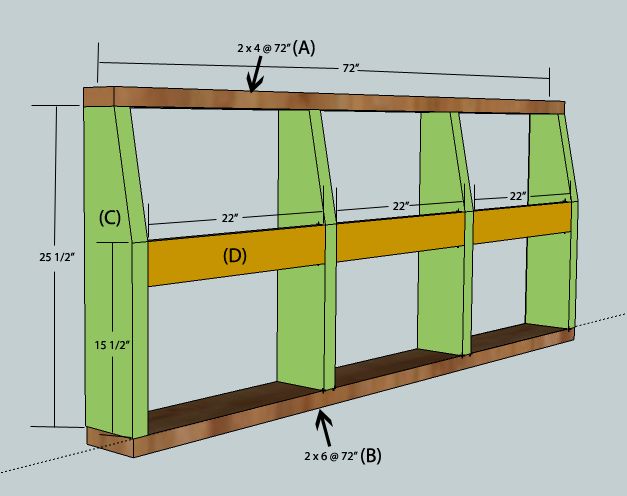 the plans for a bookcase are shown in green and yellow, with measurements on each shelf