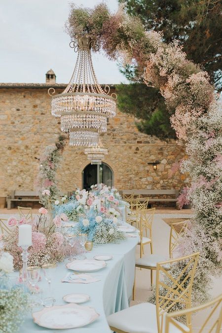 the table is set with flowers and candles for an outdoor wedding reception in front of a stone building