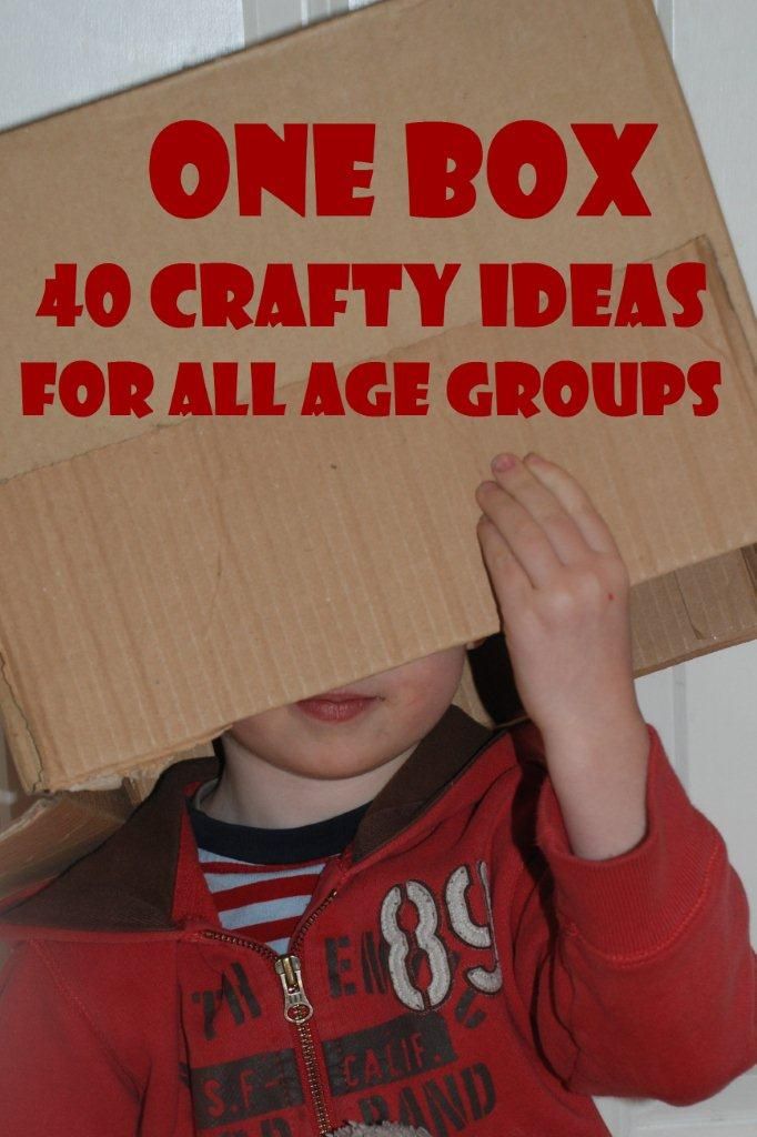 a young boy holding up a cardboard box with the words, one box 40 crafty ideas for all age groups