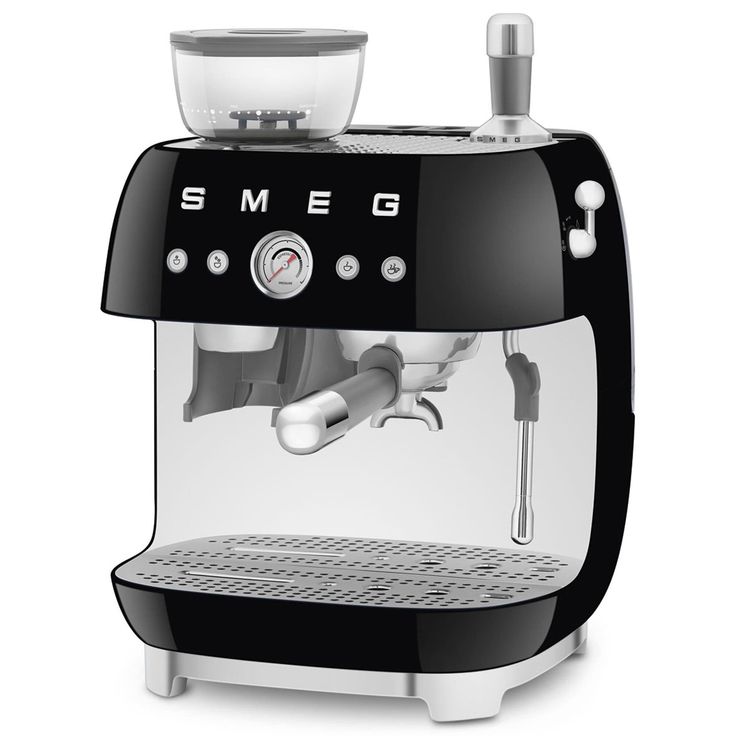 an espresso machine is shown on a white background with the words smeg above it