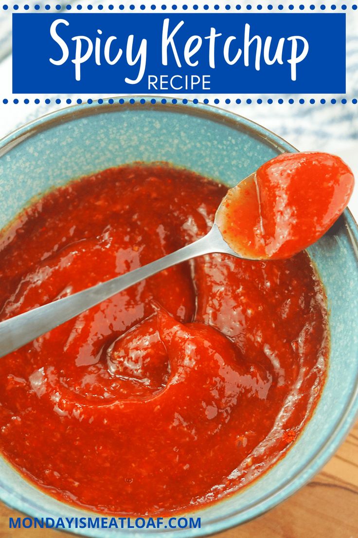 a blue bowl filled with homemade spicy ketchup