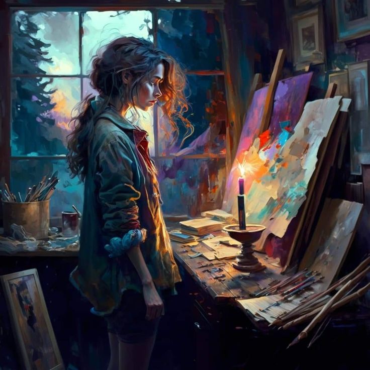 a girl standing in front of an easel and painting