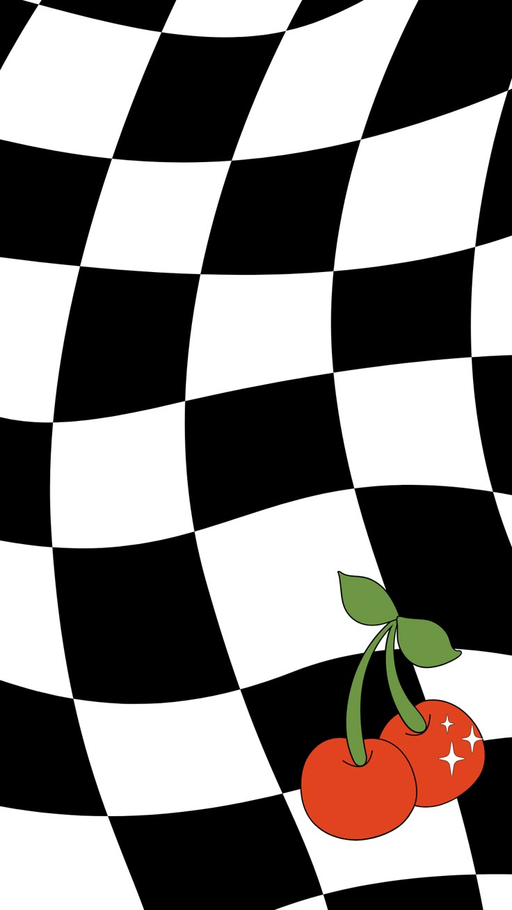 two cherries on a black and white checkered background