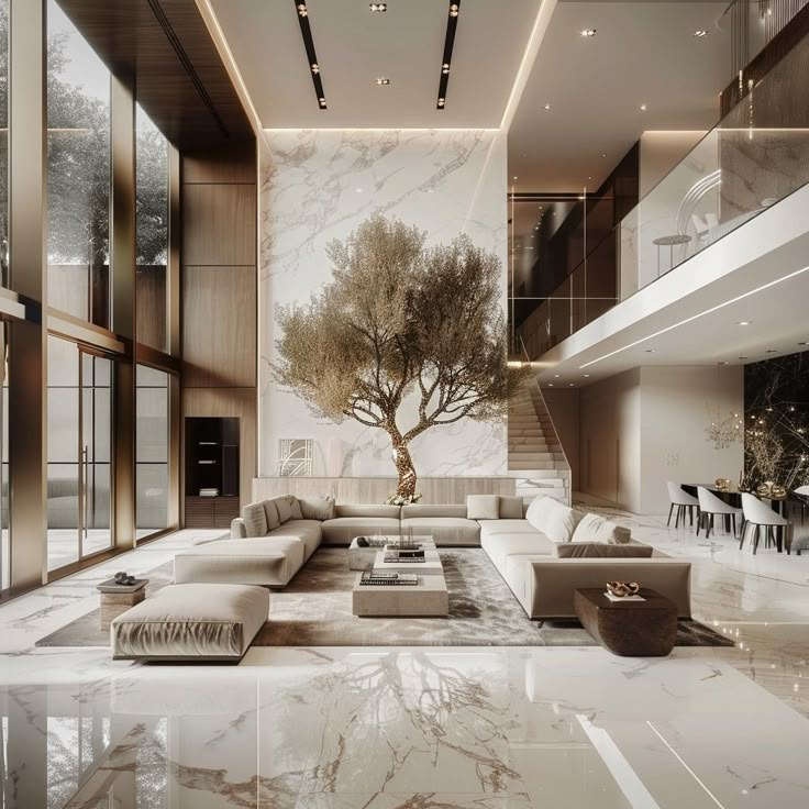 an elegant living room with marble floors and large tree on the wall in the center