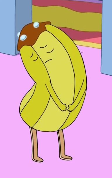 a cartoon character with his back turned to the camera, holding onto a banana peel