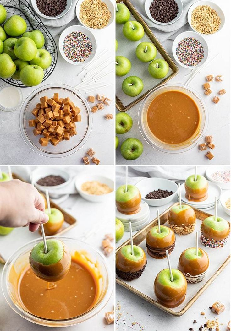 apples being dipped with caramel and sprinkles on top of cupcakes