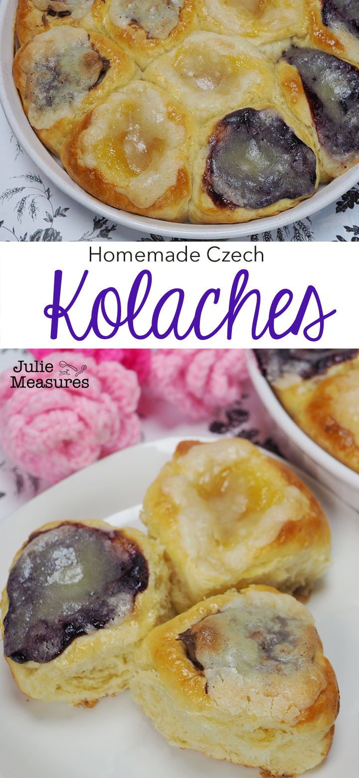 some food is on a white plate and has blueberries in the middle with text overlay that reads homemade cech kolaches