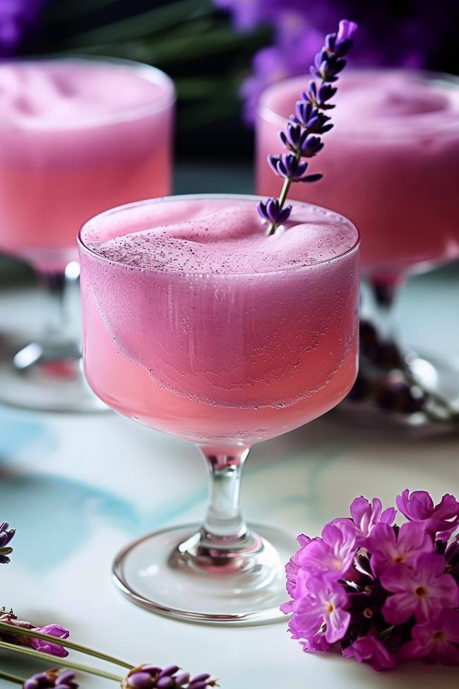 two glasses filled with pink liquid next to purple flowers