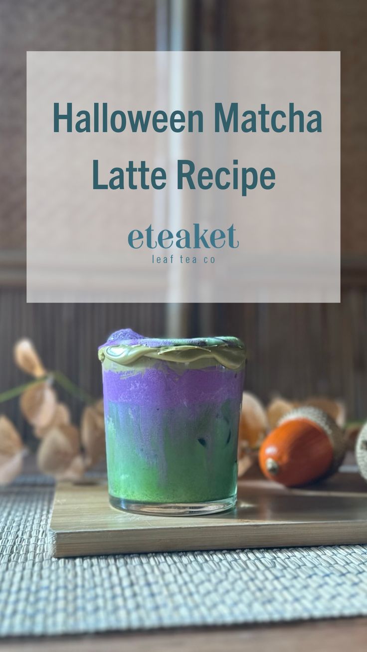 halloween matcha latte recipe with text overlay that reads, halloween matcha latte recipe