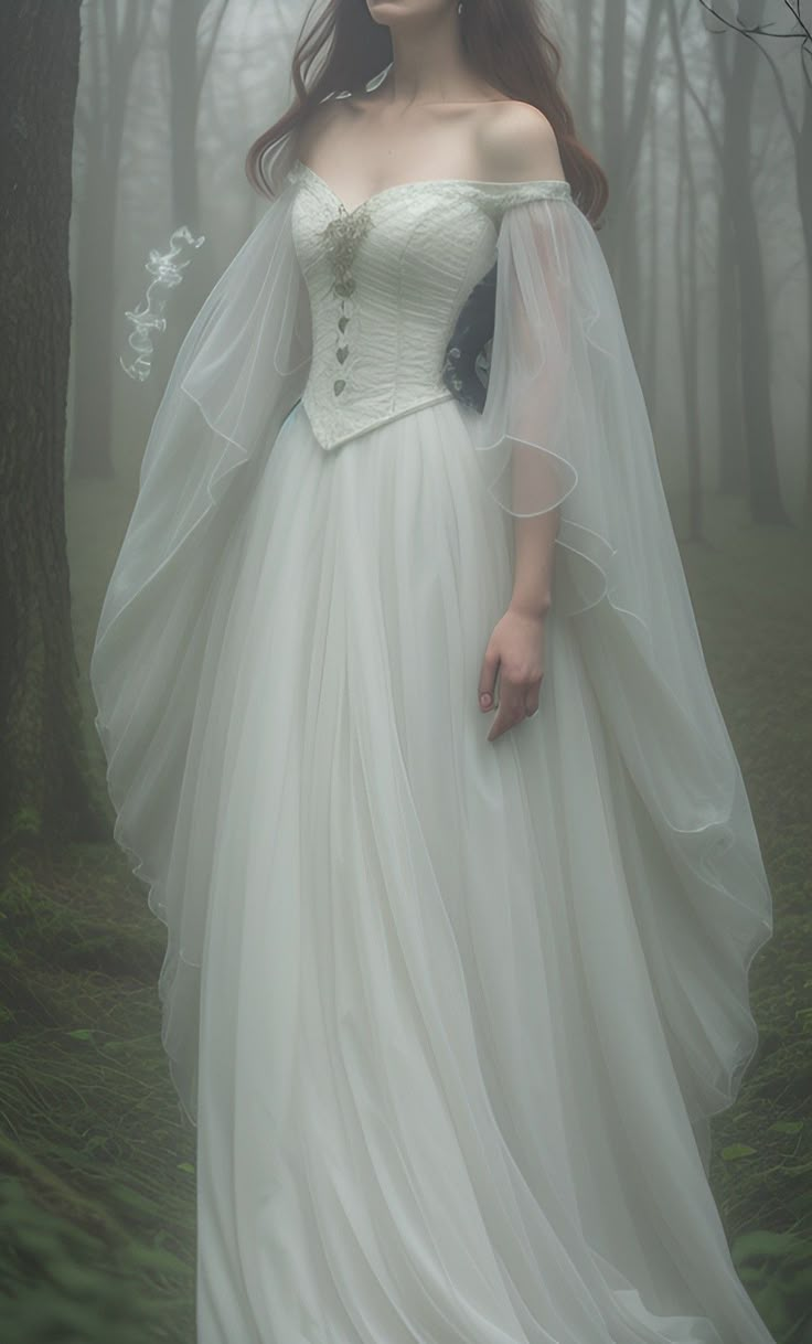 Ethereal Dress Goddesses White, Wedding Dresses Goddess, Fairytale Wedding Bridesmaids Dresses, White Dress Fantasy Art, Hobbit Wedding Dress, Fairy Core Wedding Dress, Medieval Dress Aesthetic, Simple White Gown, Pirate Wedding Dress