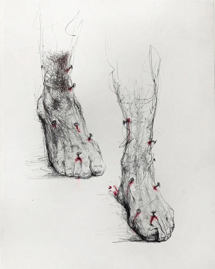 two drawings of feet with red dots on them