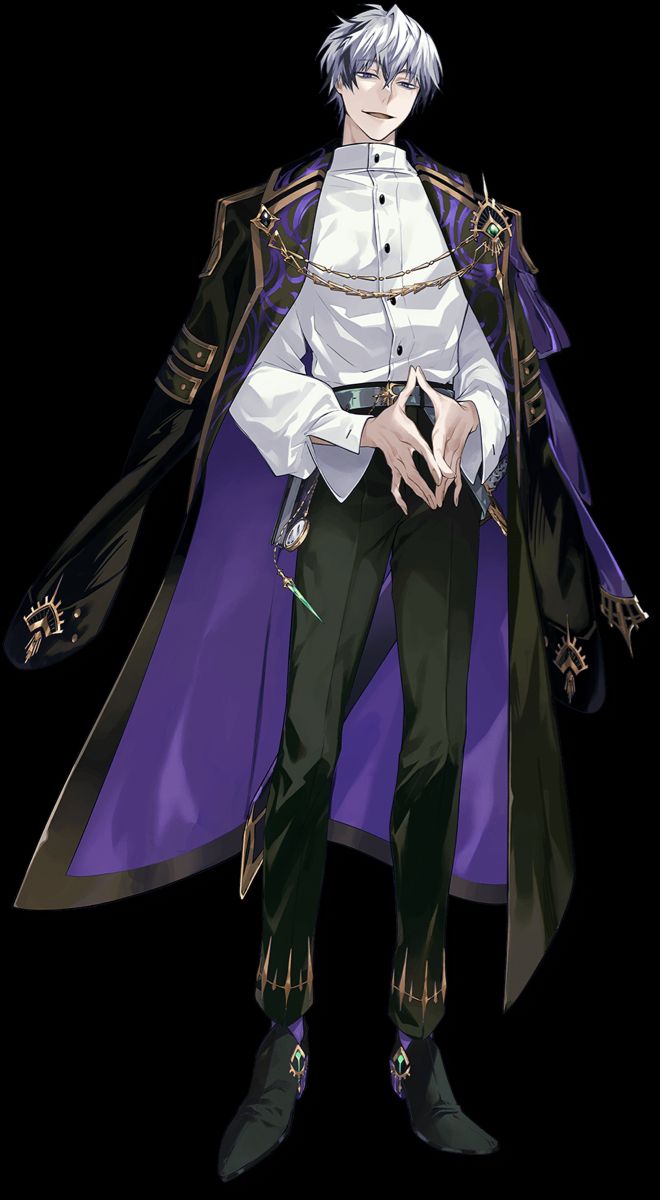 an anime character with white hair wearing a purple cape and black pants, standing in front of