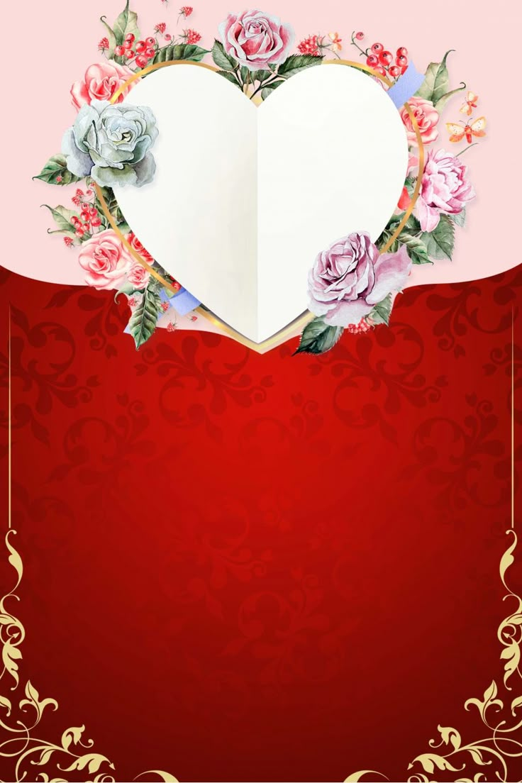 a heart shaped card with roses and leaves in the middle, on a red background