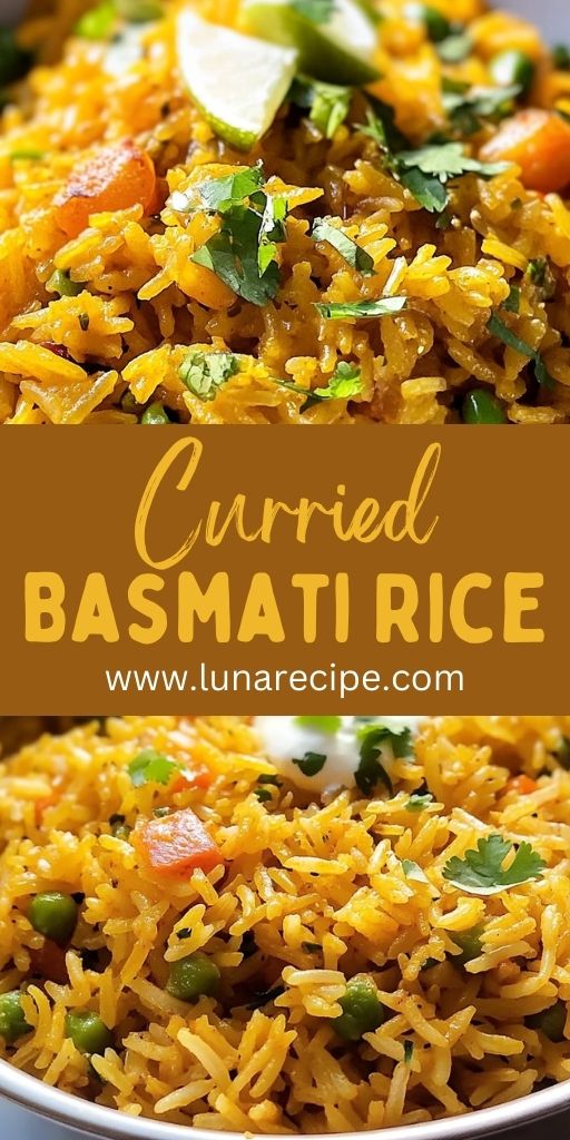 a bowl filled with rice and vegetables on top of a wooden table next to the words curryed basmati rice