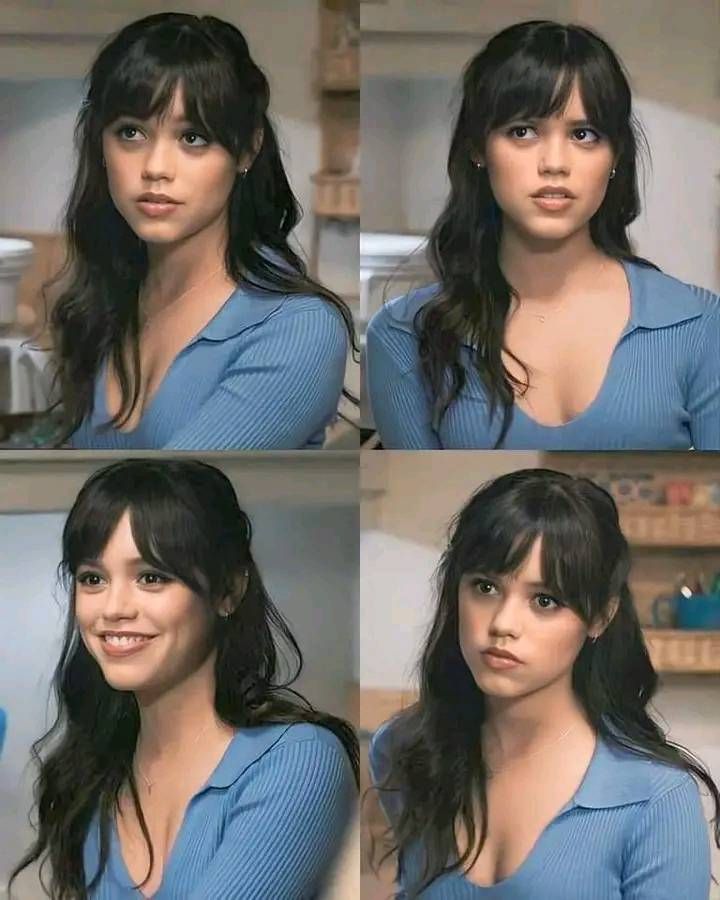 four different pictures of a woman with long black hair and blue shirt in the kitchen