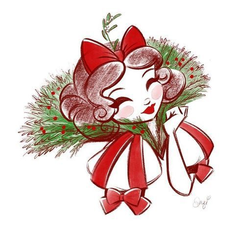 a drawing of a girl with a wreath on her head and red ribbon around her neck