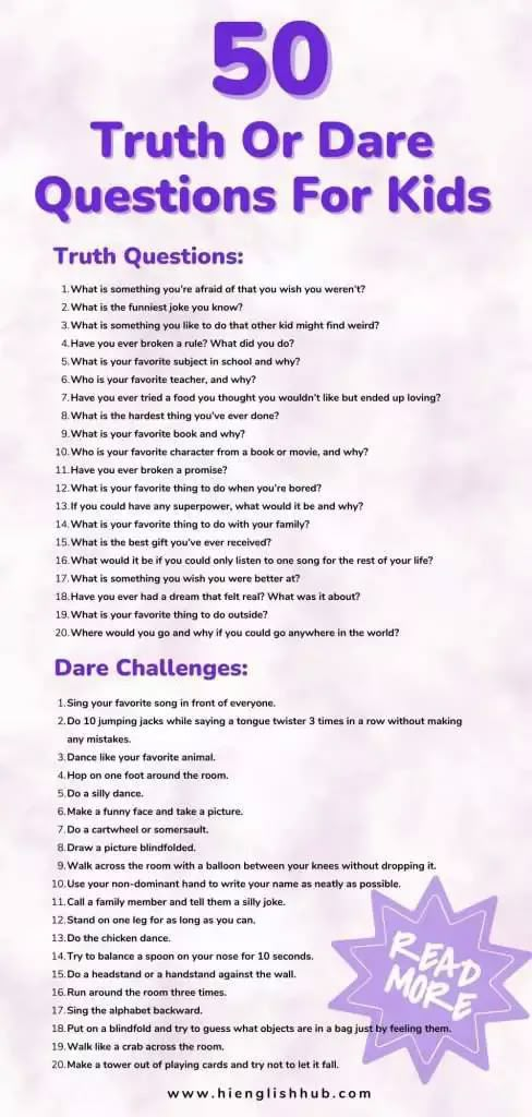 a poster with the words truth or dare questions for kids