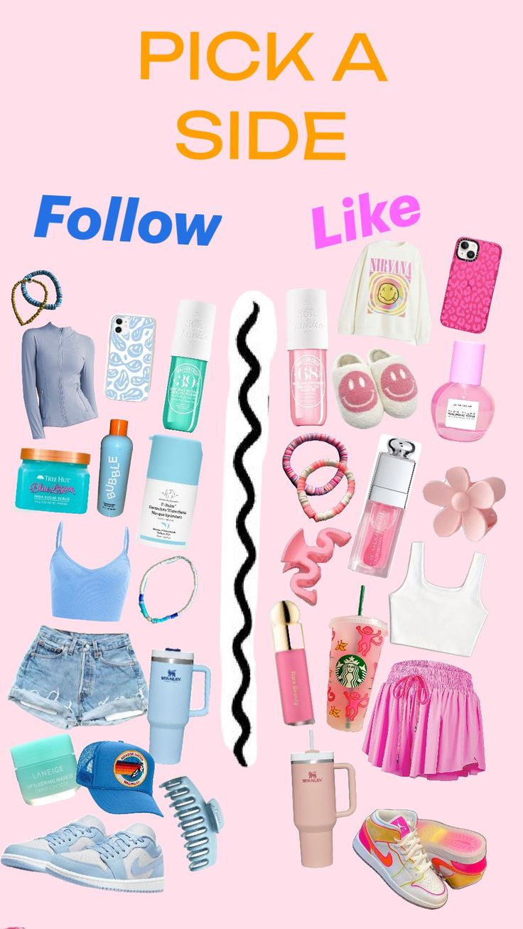 a pink poster with various items and words on the bottom right hand corner that says pick a side follow like