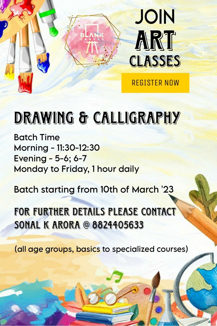 an art class flyer for drawing and calligraphy