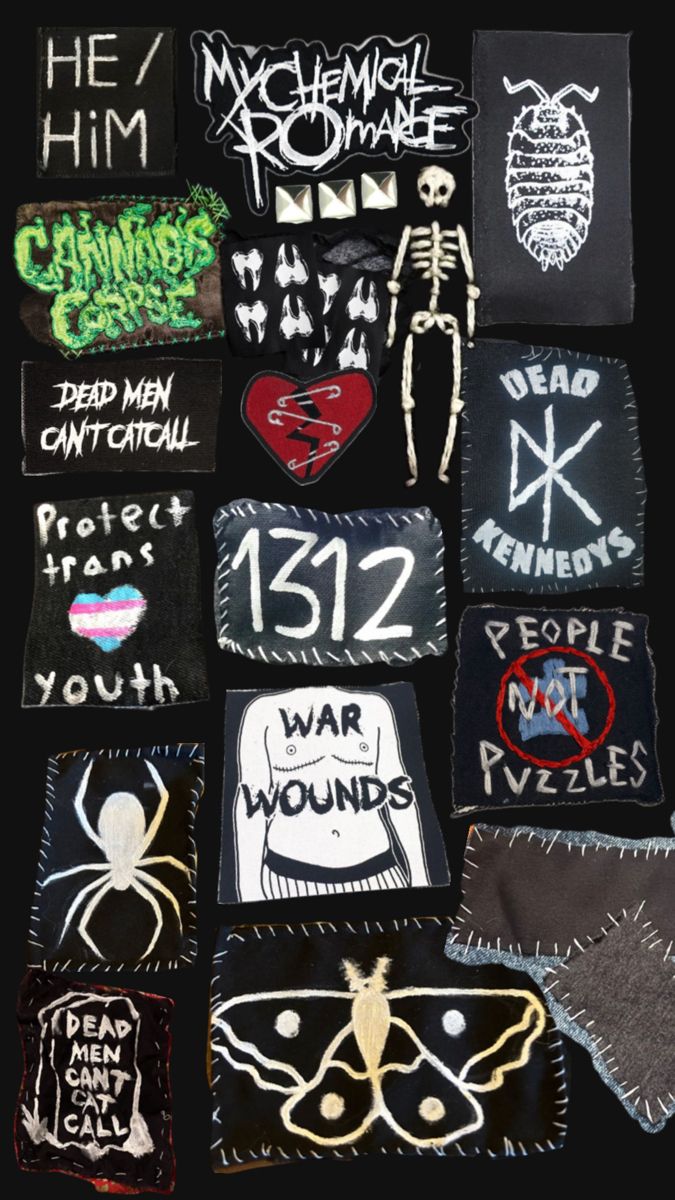 many different patches with writing on them