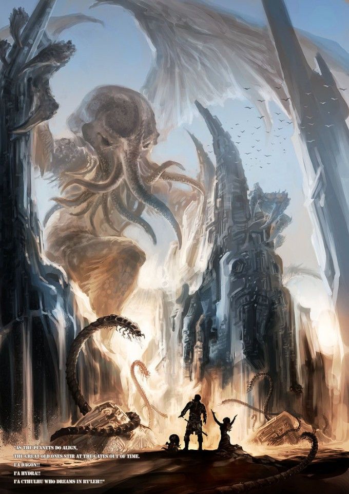 an image of a man and woman standing in front of some giant squid like creatures