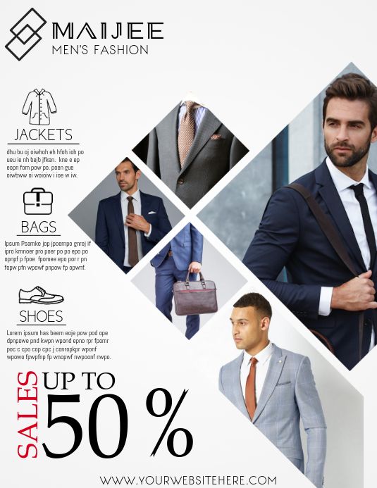 a man in a suit and tie with the sale 50 % off