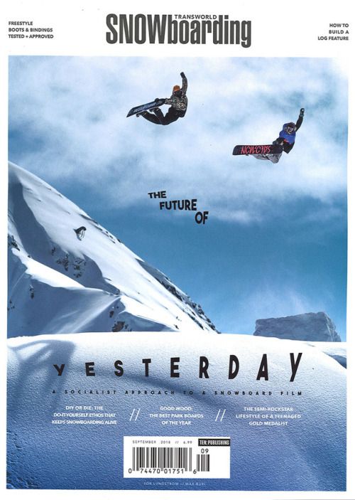 the cover of snowboarding magazine features two skiers in mid air, one jumping