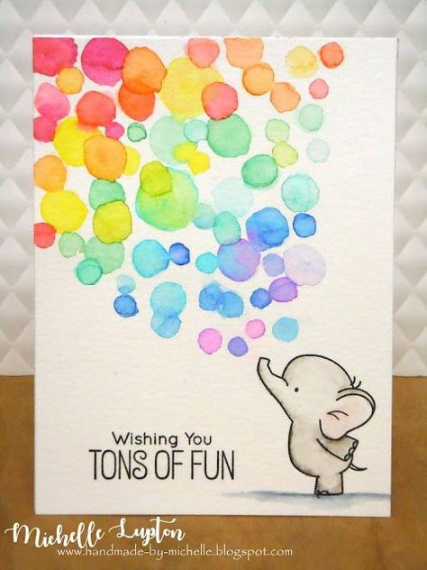 a card with an elephant blowing confetti on it's face and saying wishing you tons of fun