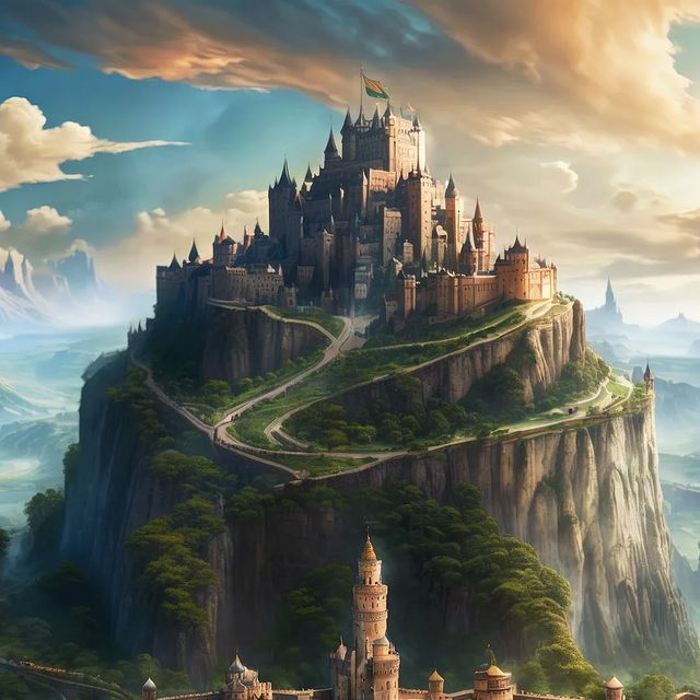 a castle on top of a mountain with a road going up it's side