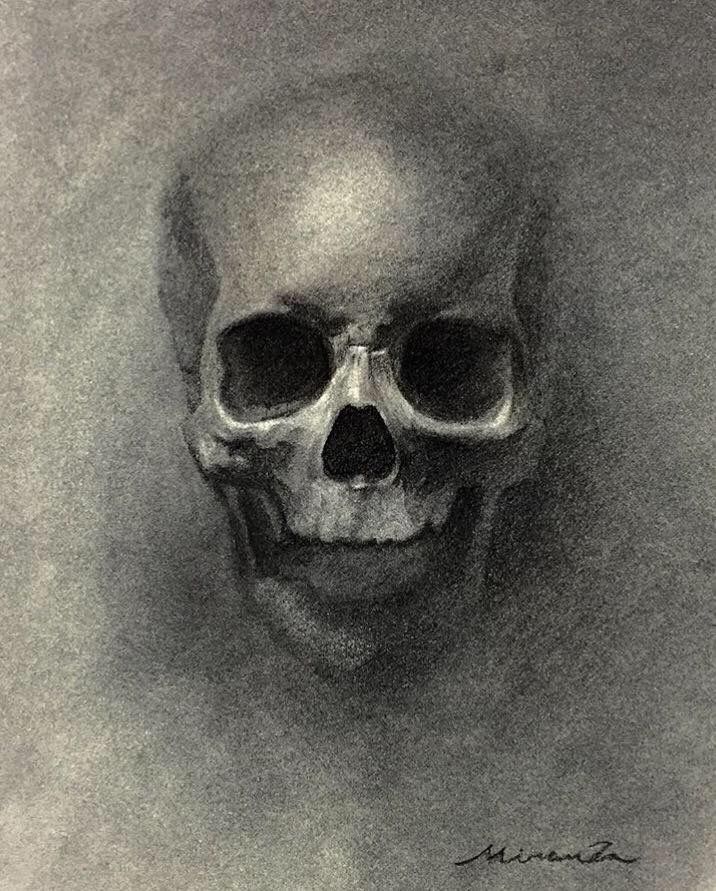 a black and white drawing of a skull with glasses on it's face, looking down at the viewer