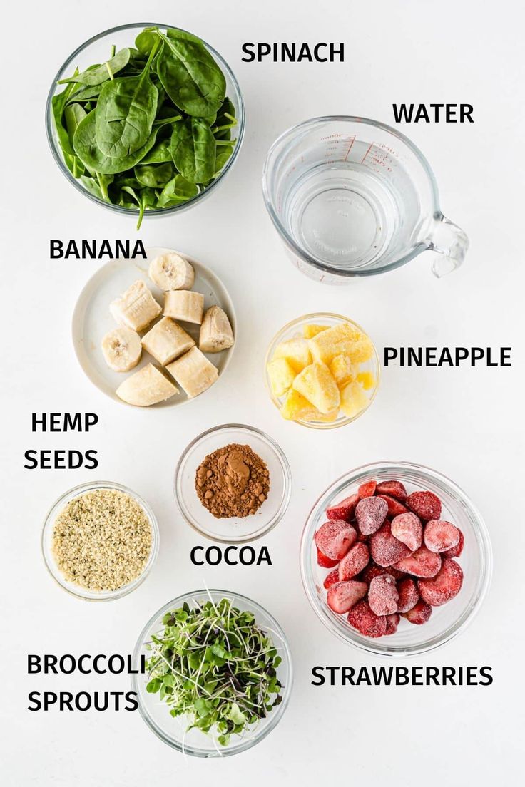 the ingredients to make this recipe include spinach, banana, pineapple, hemp seeds, cocoa, broccoli, strawberries, sprouts and spinach