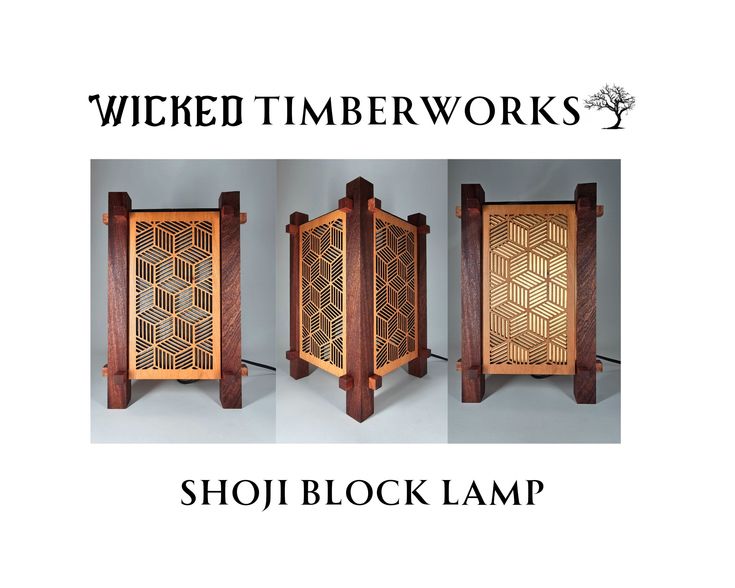 three wooden screens with the words,'wired timber works shoji block lamp '