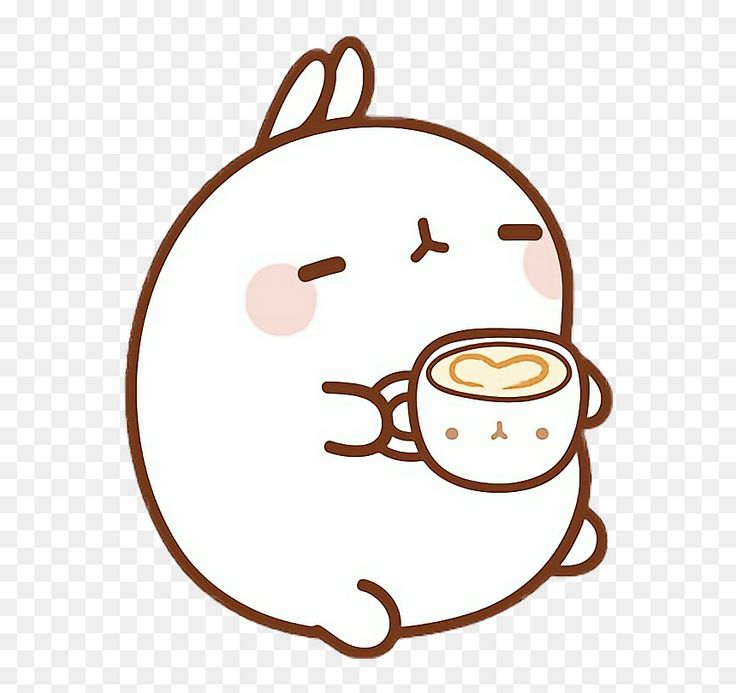 a cartoon bunny holding a cup of coffee with its face in the shape of a heart