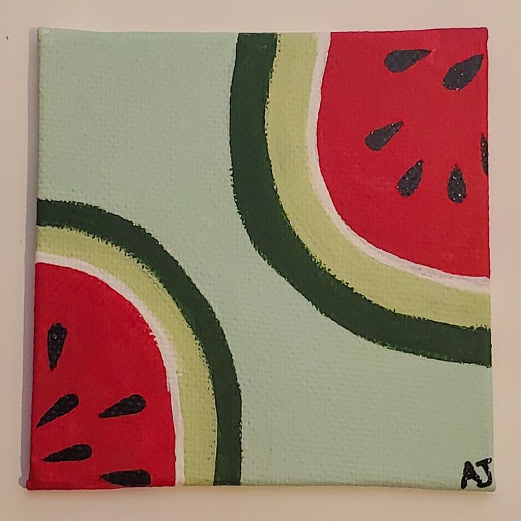 Watermelon painting Small Painting Inspo Easy, Drawing Ideas Easy Acrylic Paint, Small Aesthetic Painting, Cute And Simple Things To Paint, Acrylic Drawing Ideas Easy, Watermelon Drawing Aesthetic, Fruit Paintings Easy, What To Paint On Canvas Easy Simple, Watermelon Canvas Painting