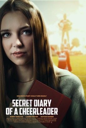 a woman holding a book in front of her face with the title secret diary of a cheerleader