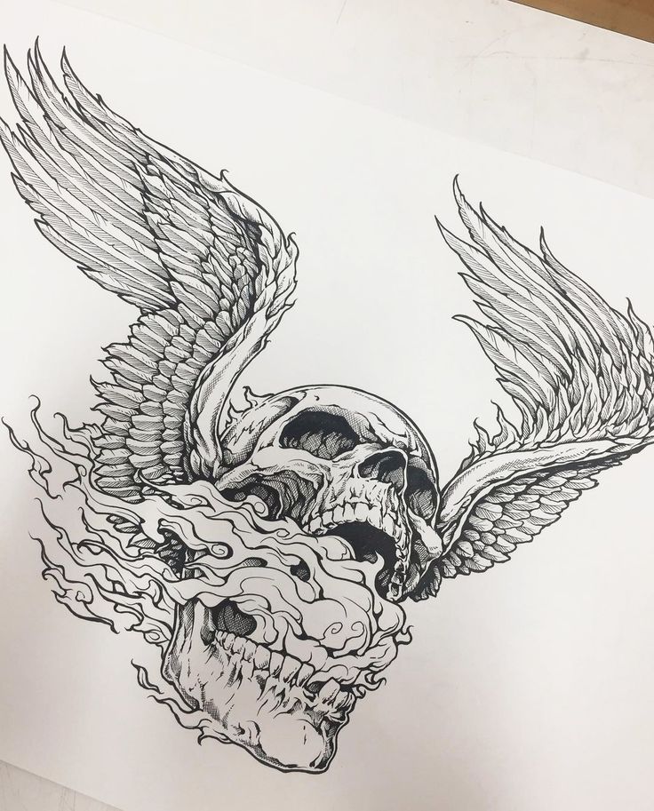 a drawing of a skull with wings on it