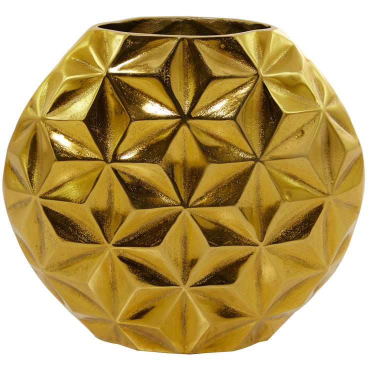 an image of a gold vase with geometric design on the front and side, measurements