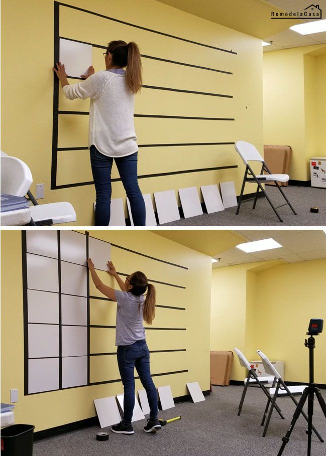 two pictures of a woman standing on a ladder in front of a wall with chairs