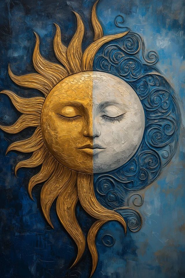 a painting of a sun and moon with their eyes closed